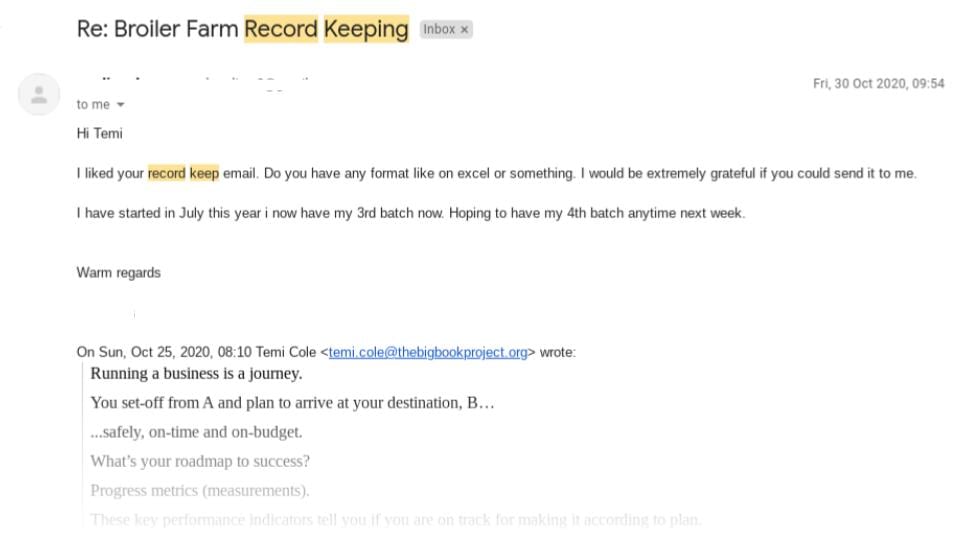 Email Subscriber Response To Broiler Farm Record Keeping