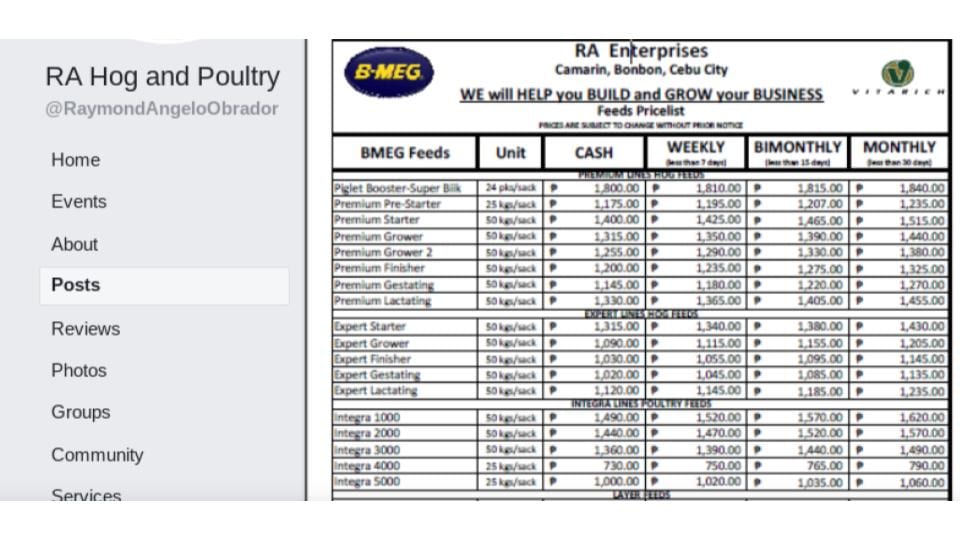 Poultry Feed List Price for BMEG in the Philippines