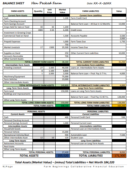 Poultry farm balance sheet calculating net worth