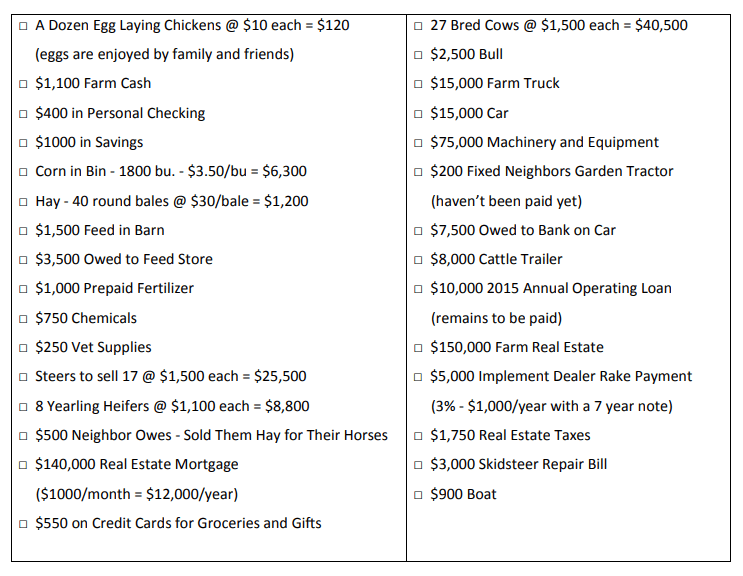 Assets and liabilities of a small mixed produce farm