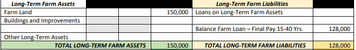 Example long-term farm assets and liabilities